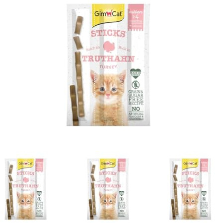 GimCat Kitten Sticks Dinde - Bâtonnets Moelleux à mâcher avec Un pourcentage élevé de Viande et sans Sucre ajouté - 4 Paquets (1 à 3 bâtonnets)