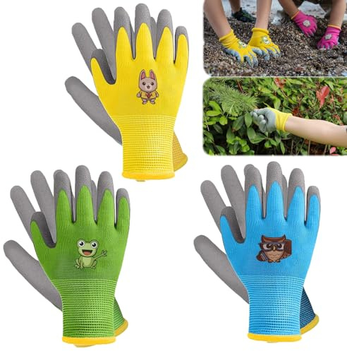 Beojonvy 3 Paar Gartenhandschuhe für Kinder 2–5 Jahren, Gartenarbeit Arbeitshandschuhe mit Jungen und Mädchen, Schutzhandschuhe Aktivitäte DIY Malen Outdoor grün-gelb-blau
