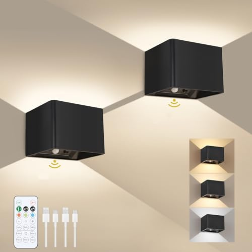 AVANLO 2 Stück Wandleuchte Innen mit Bewegungsmelder, LED Wandlampe Akku | Fernbedienung & Touch Control, 3 Farben, USB Aufladbar Kabellose Wandleuchten für Schlafzimmer Wohnzimmer, Treppe, Flur