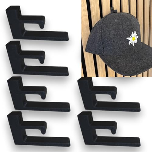 6 Stück Cap Halterung Haken für Wand und Akustikpaneele - Organizer Aufbewahrung für Snapback, Baseballmütze, Baseballcap, Basecap ideal für Hüte, Mützen, Schals & Taschen (schwarz, inkl. Schrauben)