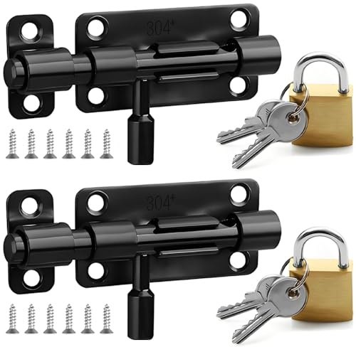 SMLOPLOM Gate Bolt, 2 Pieces Stainless Steel Door Lock und 2 Pieces Padlocks, Slide Bolts with Screws Attached, Both Indoor and Outdoor Doors can be Used, Black