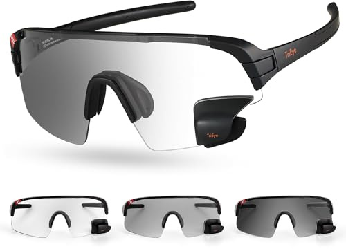 TriEye Cycling Glasses with Rear-view Mirror - Sports Sunglasses for Men & Women - UV-400 Protection - Photochromatic 0-3