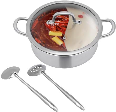 LENDISIY Hot Pot - Cacerola de acero inoxidable con tapa de cristal, cucharón y colador, para fondue china, de acero inoxidable, para cocinas de inducción, cocinas de gas, cocinas eléctricas (32 cm)