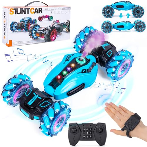 Highttoy Radiostyrd bil barn, Handstyrd bil med sprutning, musik och ljus 360° rotation offroad RC bil leksak från 6 7 8 9 10 år pojkar gåvor 2,4 GHz 4WD RC drift bilfordon, Ljusblå