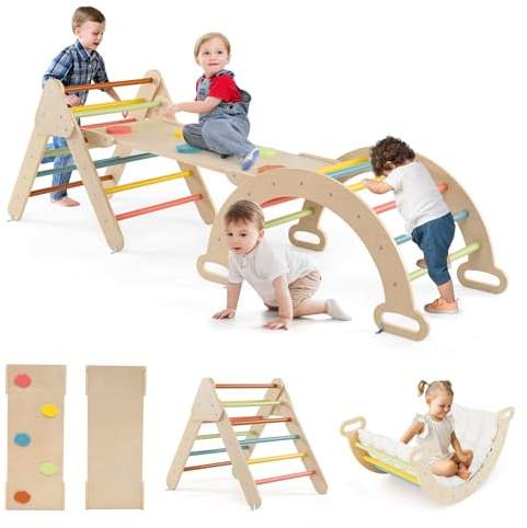 GOPLUS 7 en 1 Triangle Arche Montessori avec Coussin, Arche d'escalade Enfants avec Toboggan Bois,Rampe, Échelle Réglable, Charge 50KG, pour Tout-Petits Bébé 1 Ans+ (7 en 1 + Coussin,Pastel)