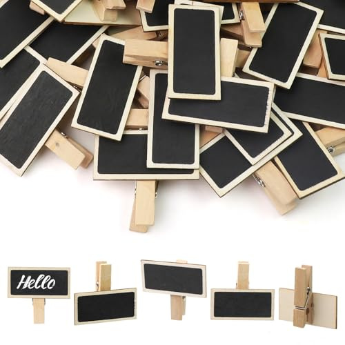 60 Holz Kreidetafel Klein mit Wäscheklammern Kleine Tafeln zum Beschriften Rechteckig Buffet Schilder Preisschilder Mini Tafel Set für Pflanzen Tischnummer Hochzeit Party Dekoration 4X3.7cm