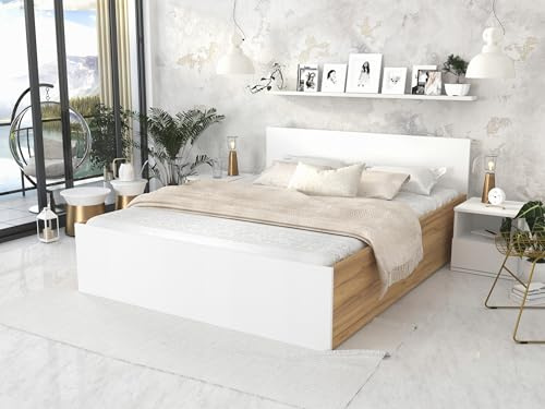 roe furniture Doppelbett 120x200cm, Stauraumbett mit Bettkasten & Birkenholz Lattenrost, Robustes Bett mit Kopfteil, Bettgestell aus Schichtstoffplatte, ohne Matratze, Weiß/Lancelot