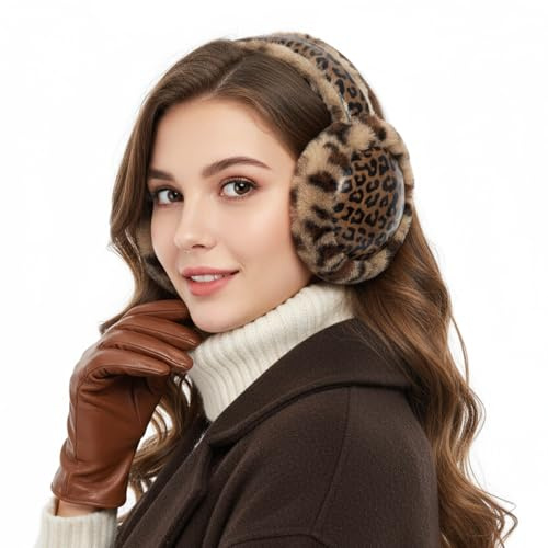 FakeFace Cache-oreilles en Fausse Fourrue pour Femme Cache-Oreilles Ajustable et Chauds à motif d’Imprimé Léopard pour Adulte pour Vélo Ski