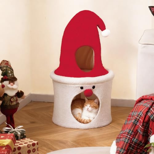 COSTWAY Katzenhöhle Weihnachten, Katzenhaus mit gepolsterter Liegefläche & Plüschkissen, Katzenbett Katzen, Katzenmöbel Indoor, Weihnachtsmann, 40 x 40 x 75 cm, Rot+Weiß