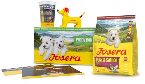 JOSERA Puppy Box | Mini Junior Ente & Lachs (6-TLG.) für Hundewelpen | Willkommenspaket mit getreidefreiem Trockenfutter, Spielzeug & Meßbecher | Für Welpen kleiner Rassen ab der 6. Lebenswoche