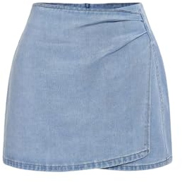 GORGLITTER Women's Denim Mini Skirts Asymmetrical Wrap Hem Ruched Low Rise Jeans Skirt with Shorts Medium Wash Small