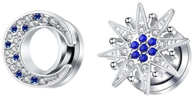 BWDHJLEY Tunnel 14mm Edelstahl, Ohr Piercing Silber Mond und Stern mit Blau-Weißem Zirkonia 2 Stück