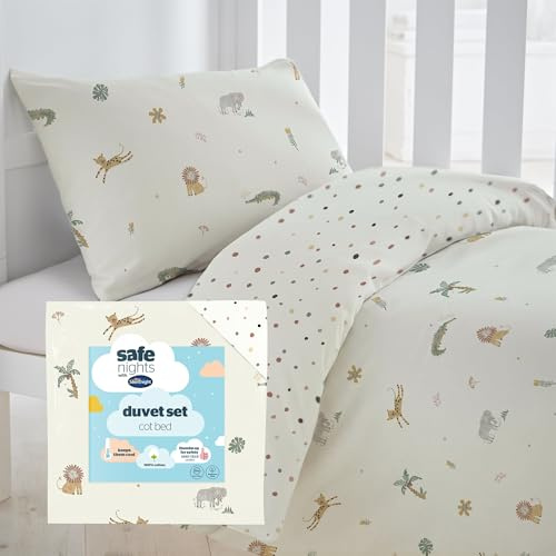 Silentnight Safe Nights Cot Bed Duvet Set - Breathable 100% Cotton Jersey - Super Soft Kind to Skin - Duvet Cover & Pillowcase for Toodler Child Junior Quilt - 150x120cm - Hypoallergenic, Safari