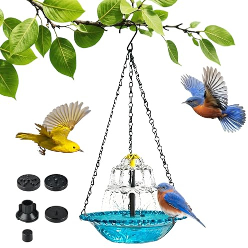 Solar Vogeltränke Hängend, 3 Stufig Vogeltränke Garten mit Fließendem Wasser, Vogelbad Garten, Vogeltränke Stehend mit Metallketten, Gartendeko für Draußen Wetterfest Lockt Baden Singen für Hof Terra