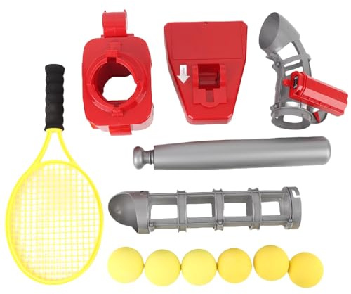 2 in 1 Auto Baseball Tennis Pitching Machine Set Automatic Pitcher with Baseballs Bat Tennis Racket for Indoor Outdoor Sports Game Training Youth Kids EVA Material 6 Balls 2 Tracks (Red)