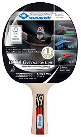 Donic-Schildkröt Tischtennisschläger Ovtcharov 900 FSC, AVS, PLS & Ergo-Griff, 2,1 mm Schwamm, FSC Holz, Spinmax - ITTF Belag, 754415