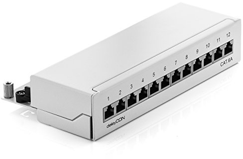 deleyCON CAT 6a Patchpanel Verteilerfeld 12 Port RJ45 - Lichtgrau | Desktop & Wandmontage, geschirmt, 12x RJ45 Buchse, TIA568A TIA568B