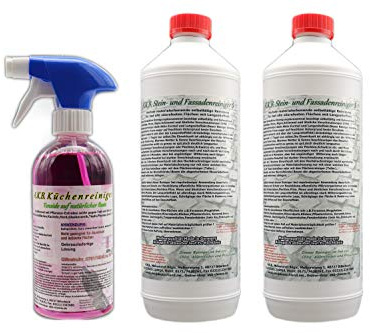 A.K.B. Steinreiniger und Fassadenreiniger S Konzentrat (bedingt für Farbiges!), 2672 (2 Liter + Kü-Probereiniger),Dachreiniger, idealer Flechtenentferner, Pilzentferner, Grünbelagentferner