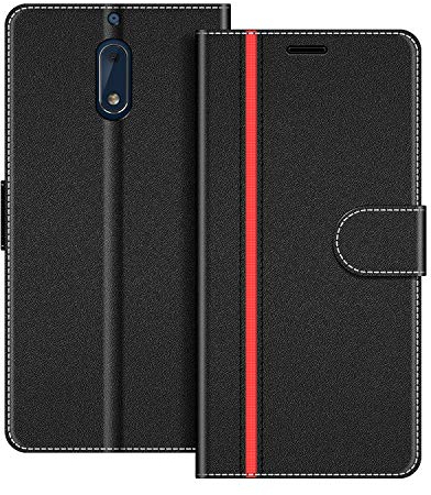 COODIO Handyhülle für Nokia 6 Handy Hülle, Nokia 6 Hülle Leder Handytasche für Nokia 6 Version 2017 Klapphülle Tasche, Schwarz/Rot