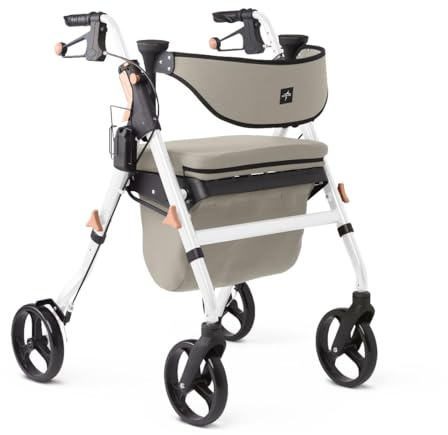 Medline Premium Empower Rollator Walker with Memory Foam Seat, Gray & White, 300 lb. Weight Capacity, 8” Wheels, Microban* Technology, Cupholder,Rolling Walker for Mobility Impairment