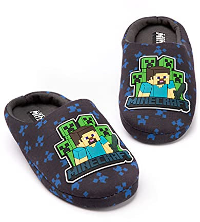 Minecraft Slippers barn blå creeper mot zombie tnt hus skor, Marinblå, 30 EU