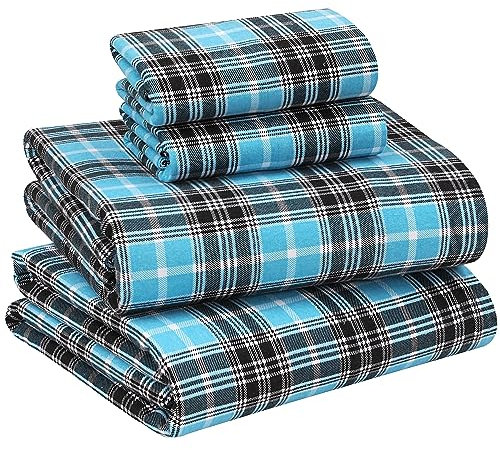 RUVANTI Flannel Sheets Queen Size - 100% Cotton Double Brushed Bed Sheets, Deep Pockets 16 Inches Queen Sheet Set, All Seasons Breathable & Extra Soft - Warm & Cozy, 4 Piece, Teal Plaid