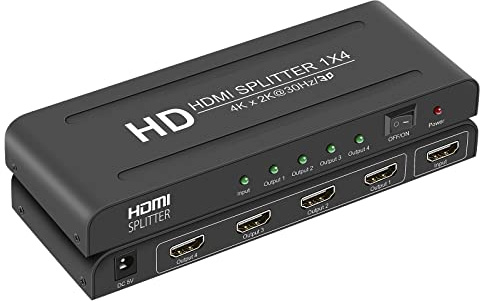 4K 1x4 HDMI Splitter 1 in 4 Out,4 Port Powered HDMI Splitters Support Mirror/Copy Multi Monitor Outputs and 4Kx2K@30Hz 3D,HD Splitter with Power for Project/Office/Projector/HDTV/PS4