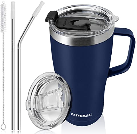 patmoseal Insulated Travel Mug with Handle Straw & 2 Spill-Proof Lids, Thermal Cup Coffee Tumbler Tea Flask for Hot Cold Drinks 600ml/20oz (Navy Blue)
