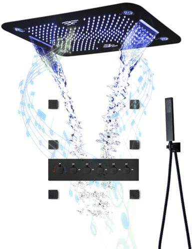 ESOP Colonne de Douche Thermostatique Système de Douche Encastrable, Musique 64 Couleurs LED Ensemble de Douche avec 6pcs 50 mm Buse de Massage, Noir Colonne Douche avec 580 * 380 mm Tête de Douche