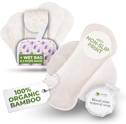 Compresas reutilizables antideslizantes en bambú orgánico para flujo menstrual abundante e incontinencia (L+XL, 6 uds); lavables a alta T°; suaves, no irritantes y cómodas, compresas tela para mujeres