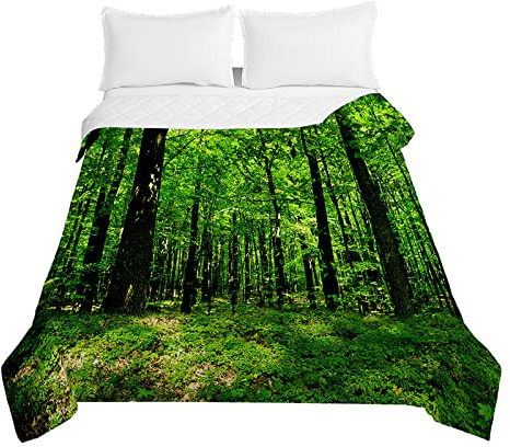 Odot Steppdecke Tagesdecke Wald Landschaft Druck Gesteppte Bettüberwurf für Doppelbett Einzelbett Kinder Bettdecke Stepp Decke Tagesdecken Wohndecke Alle Jahreszeiten (220x240cm,Grün)