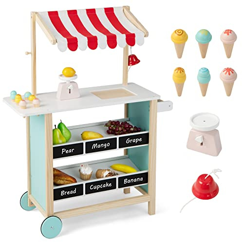 HOMASIS Gelato Truck per Bambini, Negozio di Giocattoli con 6 Gelati, Gelateria con Ruote e Tenda Regolabile, Carrello della Spesa in legno, Set di Bancarella Gioca per Bambini, 3+ Anni (Rosso)