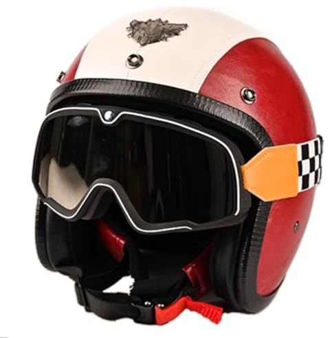 Vintage Motorradhelm, Retro Motorrad Offener Helm DOT/ECE-Zulassung, Open Face Motorrad Helme Mit Schutzbrille, PU-Leder Jethelme Herren Damen, Helm Für Moped Roller ( Color : A , Size : L=59-61cm )