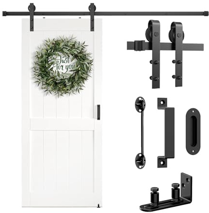 Arti-Life Barn Door Hardware Kit 6.6FT Heavy Duty Sliding Door Track Kit with Floor Guide and 2 Handles with Lock, Smoothly Hardware Kits for Interior Exterior Fit 36-40 Wide Panel (J Shape Hanger)