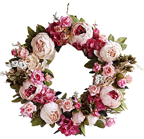 Hperu Künstliche Blumen Pfingstrosekranz, Türkränze künstliche Blumen Pfingstrose Kranz Pingstaste Blumenfrühlingkranz für Haustür Hochzeitsheimdekoration