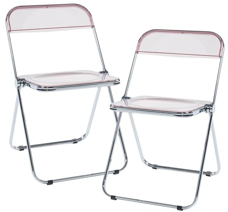 [en.casa] Klappstuhl Pornainen 2er Set Stuhl klappbar Esszimmerstühle 74 x 46 x 47 cm Schreibtischstuhl Belastbarkeit 120 kg Küchenstühle Metallgestell Rosa, transparent