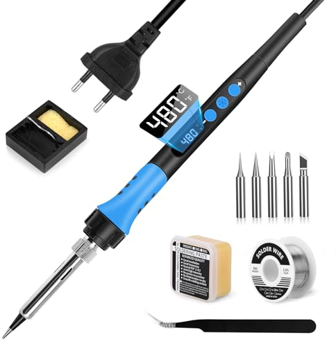 Lötkolben Set, Daakro 90W Lötkolben mit Einstellbarer Temperatur 180 °C - 480 °C& thermostatischem Design, LCD Bildschirm Lötset mit Lötdraht, 5 Lötspitzen und Lötkolbenständer für Schweißreparaturen