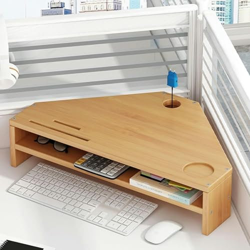 XDRGOOIUY Computer Monitor Stand Triangle Monitor Stand Riser, 2 Tier Wood Desktop Corner Shelf with Storage & Cup Holders, Retro Computer Monitor Elevated Stand for Office