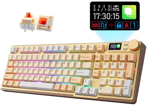 iRocks K85R Clavier de jeu mécanique rétroéclairé RVB sans fil rechargeable avec écran LCD, commutateurs marron pré-lubrifiés remplaçables à chaud, 98 touches PBT, câble amovible USB-C (doré clair