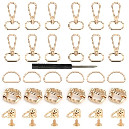 FENGJINGJIACHENG 30 Pcs Bag Making Hardware Kit, Sliding Buckles, Slide Buckle, Metal d Rings Studs Rivets Replacement, Swivel Snap Hooks Carabiner Keychain for DIY Backpack Handbag Strap Dog Collars