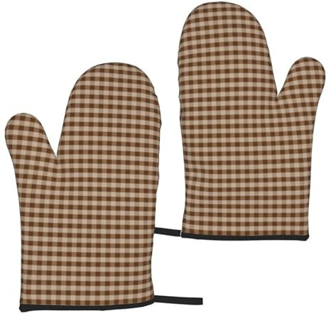 Oven Mitts Set of 2,Brown Gingham Plaid Heat Resistant Kitchen Gloves Hot Pads Oven Gloves for Cooking Baking Grilling