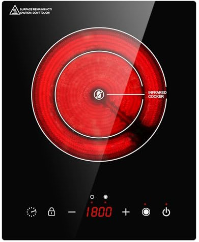 Diseño de doble bobina de cocina de un solo quemador, placa caliente de cerámica infrarroja eléctrica de 1800 W para cocinar, encimera portátil o encimera de estufa radiante integrada de 12 pulgadas