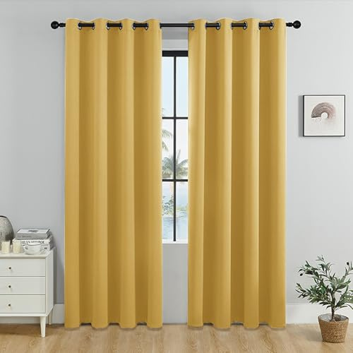100 % mörkläggningsgardiner, solida värmeisolerade mörkläggningsgardiner för sovrumsfönster, värmeisolerat mörkläggande rum för vardagsrum (gul, 213 cm x 107 cm)