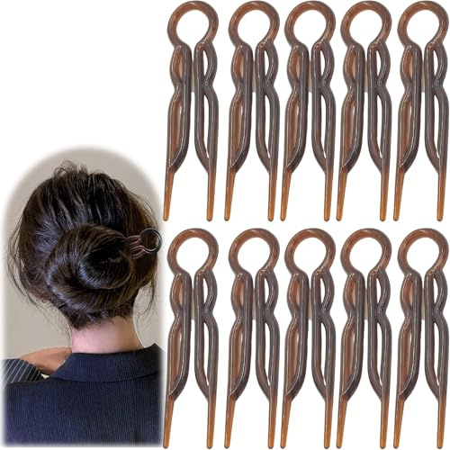 10 Pcs French Hairpin Pins, Elegant & Lightweight U Shaped Hair Pins, Twist Hair Pin for Lialys, French Twist Clip Suitable for Women, Girls Daily Wear Casual, Party, Wedding (Brown)