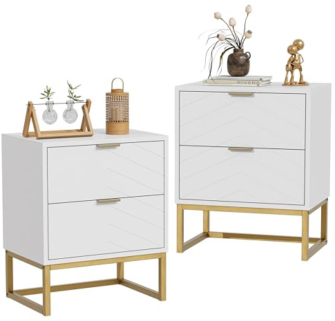 UEV nachttisch aus Holz 2er Set, Nachtschrank mit Schubladen, Nachtkommode Boxspringbetten, Sofatisch mit Beine, Kleiner Beistelltisch für Wohnzimmer Schlafzimmer weiß