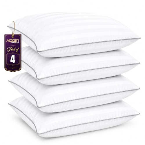 adsin Exrta Filled 4 Pack Egyptian Cotton Bounce Back Strip Pillows Hollow-fibre Dust Resisted Filled, Ultimate Luxury Sleep, Premium Hypoallgernic (Egyptian Cotton Stripe, Pack of 4)