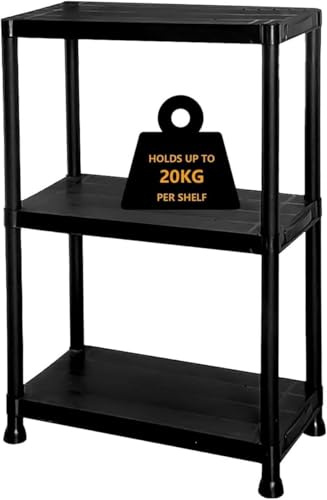 VIVAAS Heavy Duty Black Plastic Storage Shelving Unit Garage Storage Shelves Racking Shelving Unit Home, Office, Pantry, Warehouse, Garage, Shed, Stockroom, kitchen and Workshop (3 Tier)