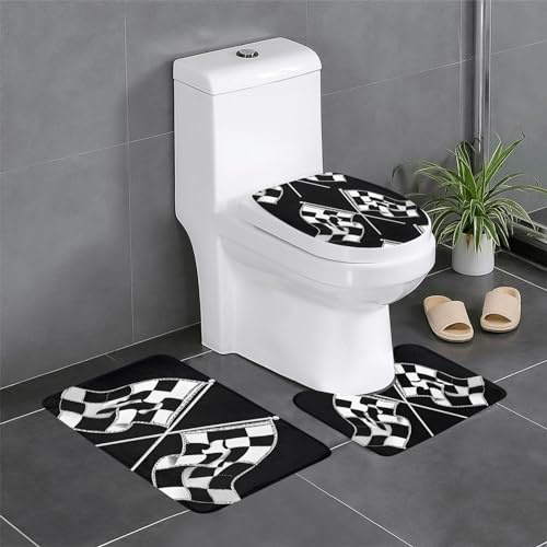 3 Piezas Juego De Alfombra De Baño Patrón De Banderas A Cuadros En White Y Negro Alfombra De Contorno Antideslizantes Durable Alfombras De Cama, para Bathroom, Cocina, Dormitorio