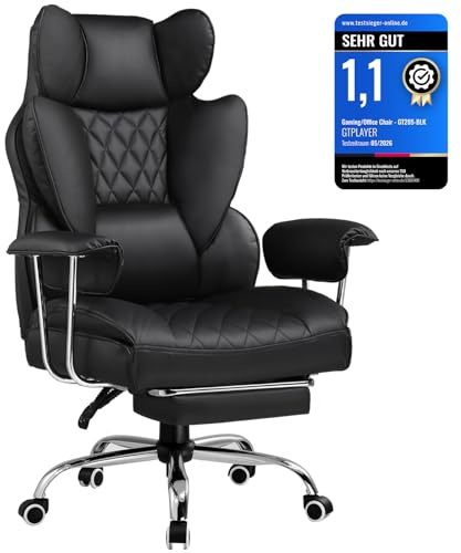 GTPLAYER Gaming Stuhl, Bürostuhl mit Taschenfeder-Lendenwirbelstütze, breiter Büro-Computersessel mit nach außen fixierten weichen Armlehnen und Fußstütze, 180KG, schwarz