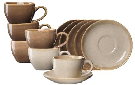 Ritzenhoff & Breker Sahara Espressotassen mit Untertassen 6er Set | 100 ml | Rustikaler Handmade-Look durch Reaktivglasur, Sanfte Sandtöne | Porzellan, Spülmaschinenfest | Braun-Mix
